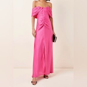 Self-Portrait Off the Shoulder Pink Ruched Satin Maxi Dress- NWT